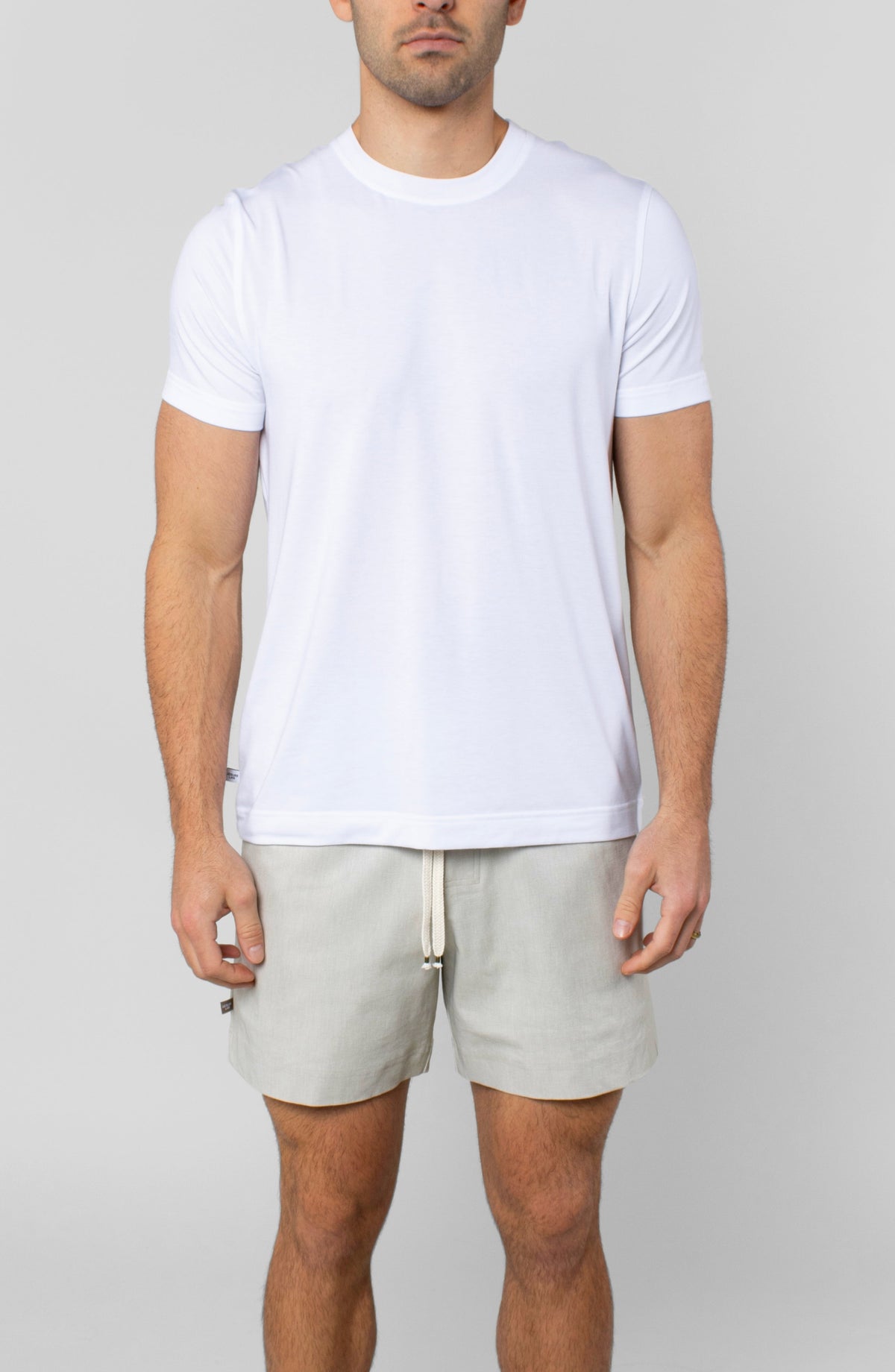 LEISURE LAB® Dockside Short in beige technical fabric with a braided drawcord and elastic waistband