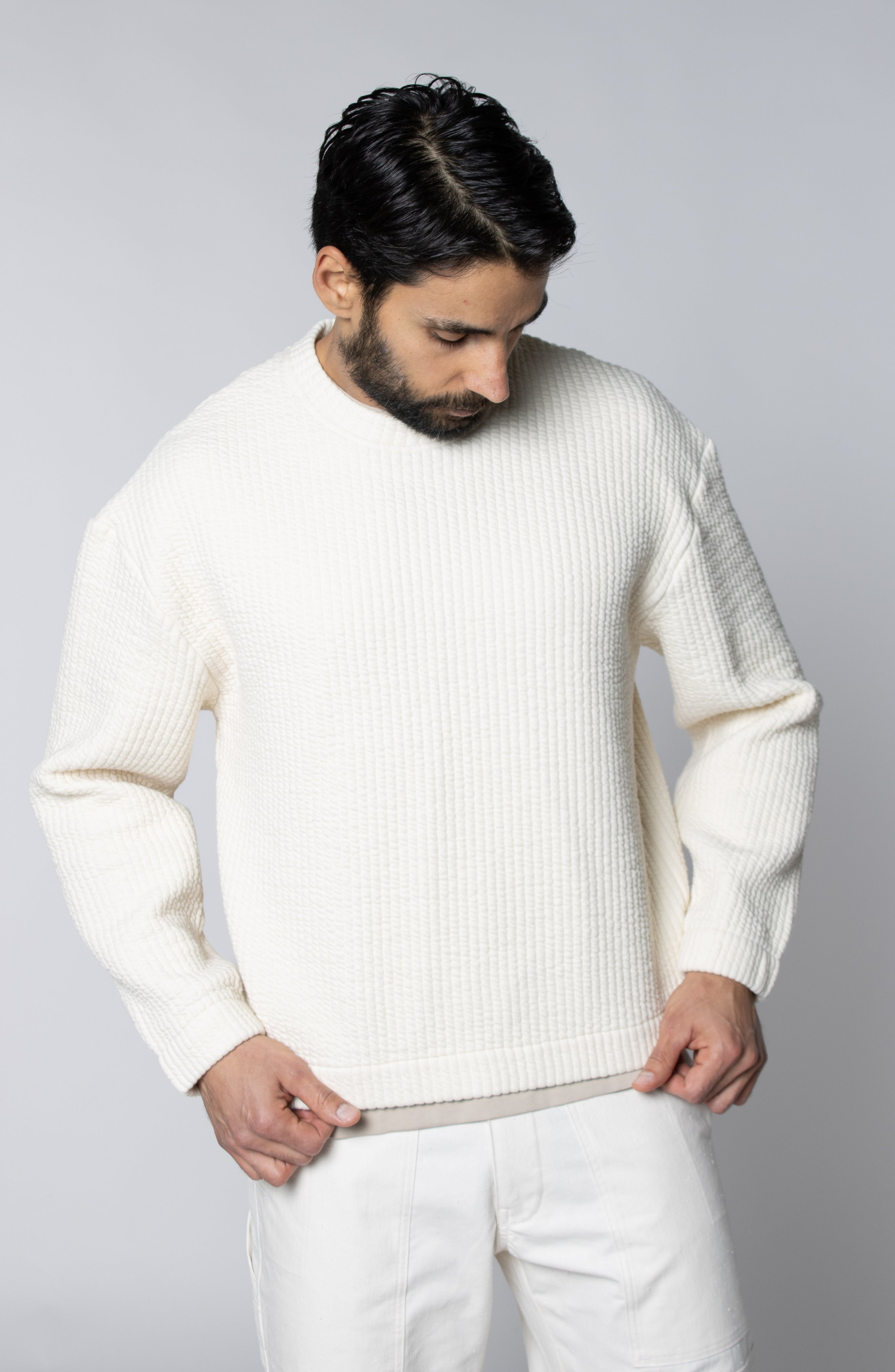 COZY QUILT CREWNECK SWEATER