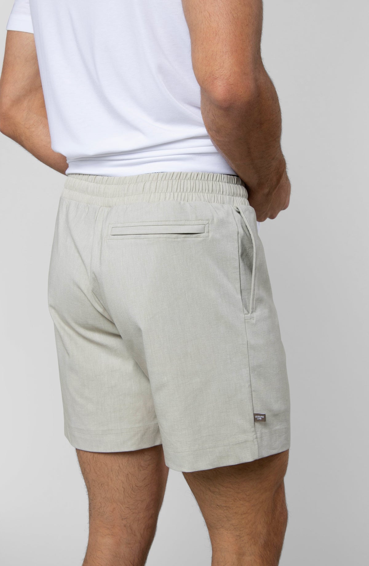 LEISURE LAB® Dockside Short in beige technical fabric with elastic waistband and back zippered welt pocket