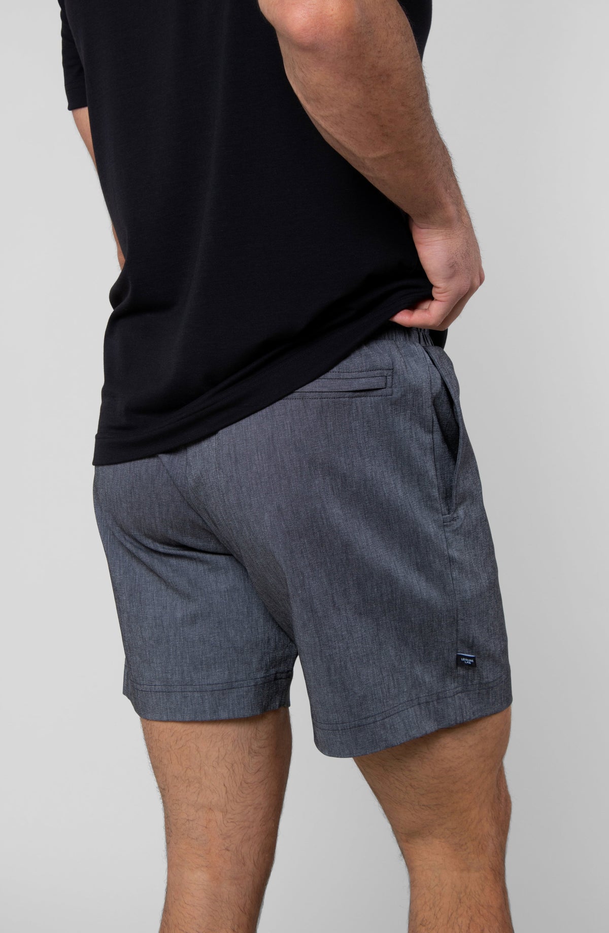 LEISURE LAB® Dockside Short in charcoal grey technical fabric with back welt zipper pocket and elastic waistband