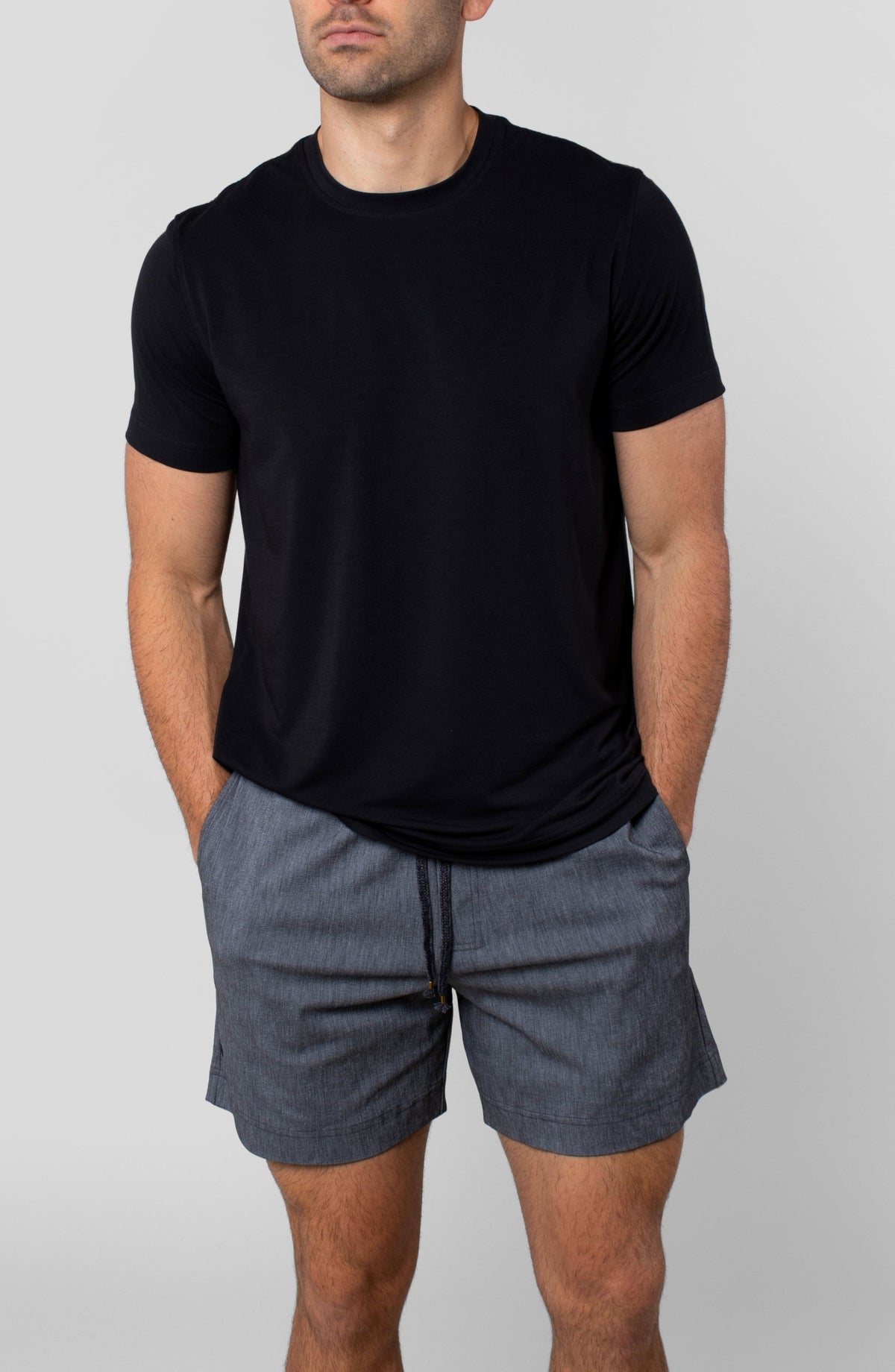 LEISURE LAB® Dockside Short in grey with elastic waistband and braided drawcord worn with a black t-shirt