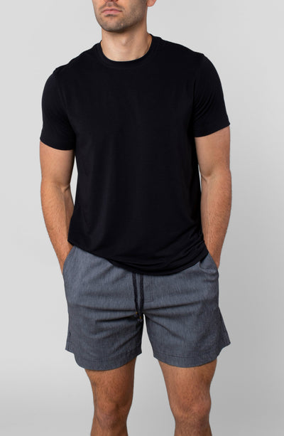 LEISURE LAB® Dockside Short in grey with elastic waistband and braided drawcord worn with a black t-shirt
