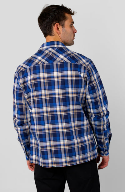 LEISURE LAB® Outlander button-up shirt in blue plaid cotton flannel, back view on a male model.
