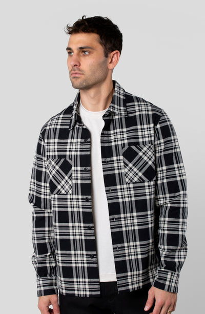 LEISURE LAB® Outlander button-up shirt in black and white Japanese cotton flannel with dual chest pockets