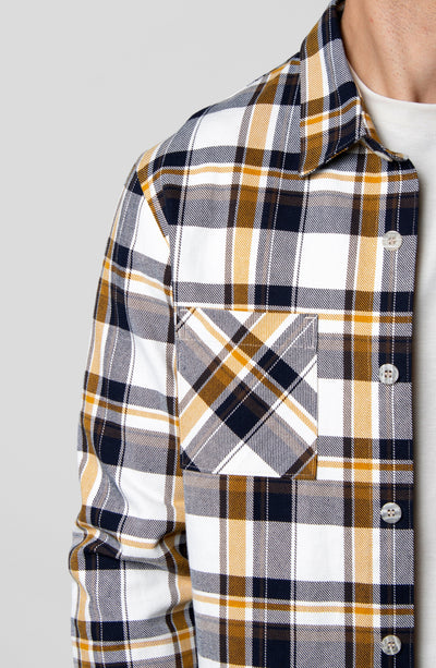 LEISURE LAB® Outlander button-up shirt in a white, navy, and mustard yellow plaid cotton flannel with chest pocket